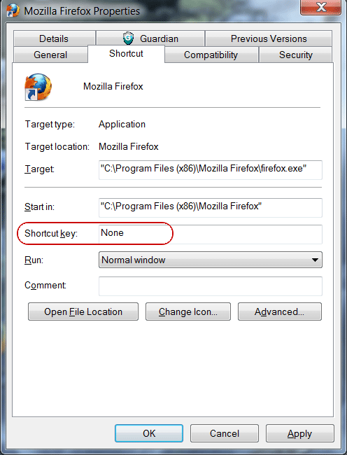 Locating shortcut editing screen in windows 7