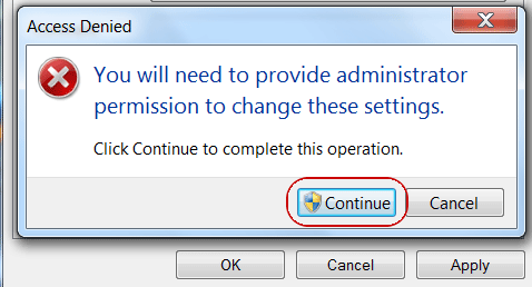 set shortcut permission screen in windows 7