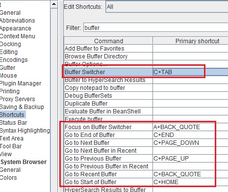 Keyword shortcuts to working files or buffers in jEdit